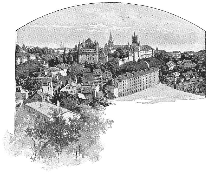 洛桑市在沃坎顿，瑞士- 19世纪